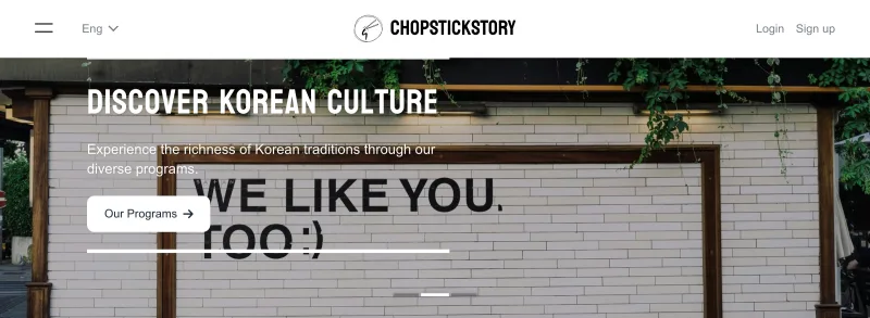 Chopstickstory home page with the site navigation and a Discover Korean Culture headline