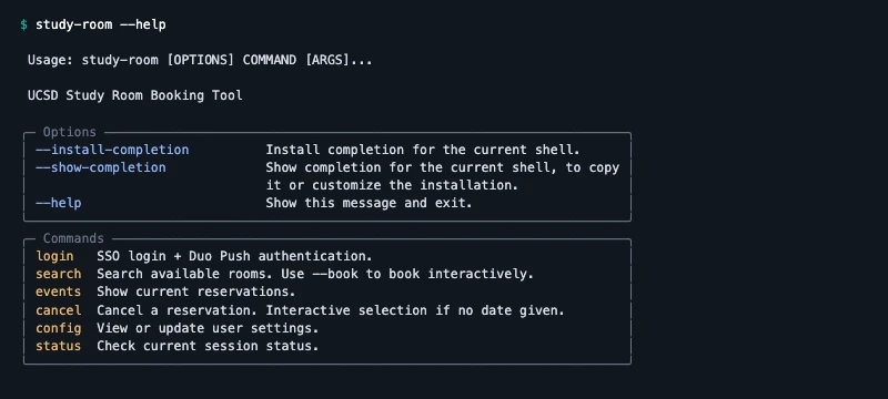 ucsd-study-room command line interface output